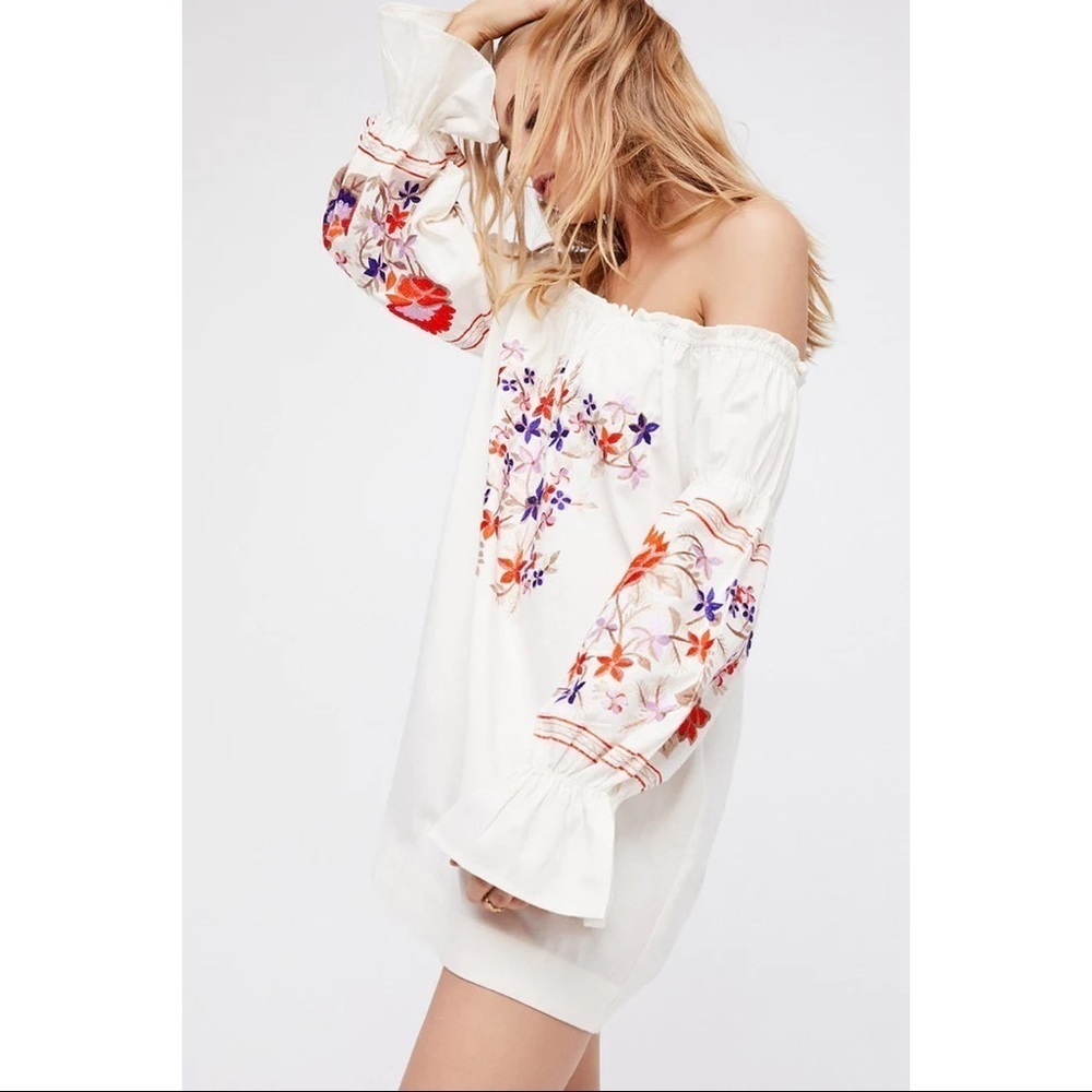 Free People Fleur Du Jour Cream Floral Embroidery Off the Shoulder Peasant Dress